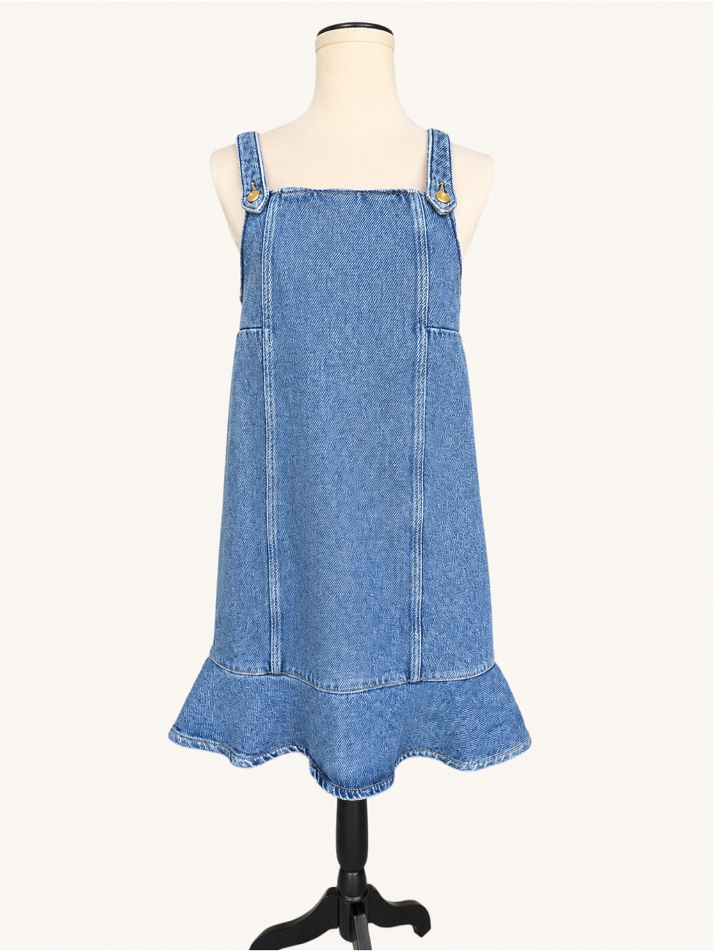 Ganni Denim Mini Dress Ruffle Hem Blue Strappy Shift Dress Xs